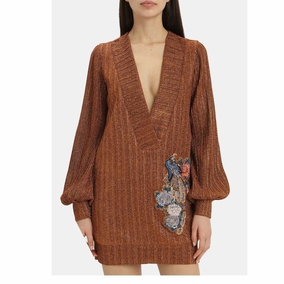 PatBo Lurex Embellished Deep V Neck Tunic Mini Dress Size XS Copper - Picture 6 of 15